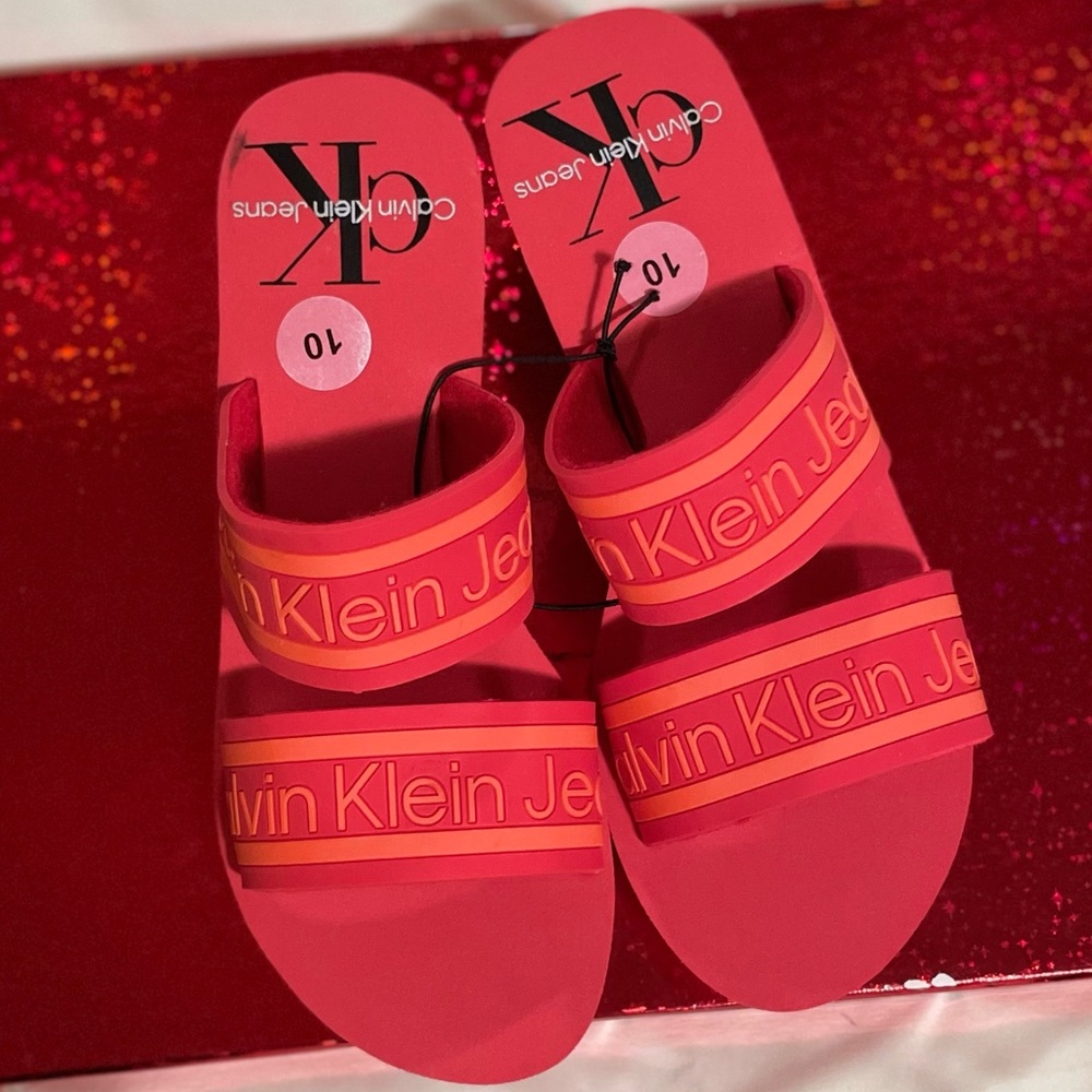 Calvin Klein Logo Strap Wedge Sandal Red and Orange - Picture 9 of 11